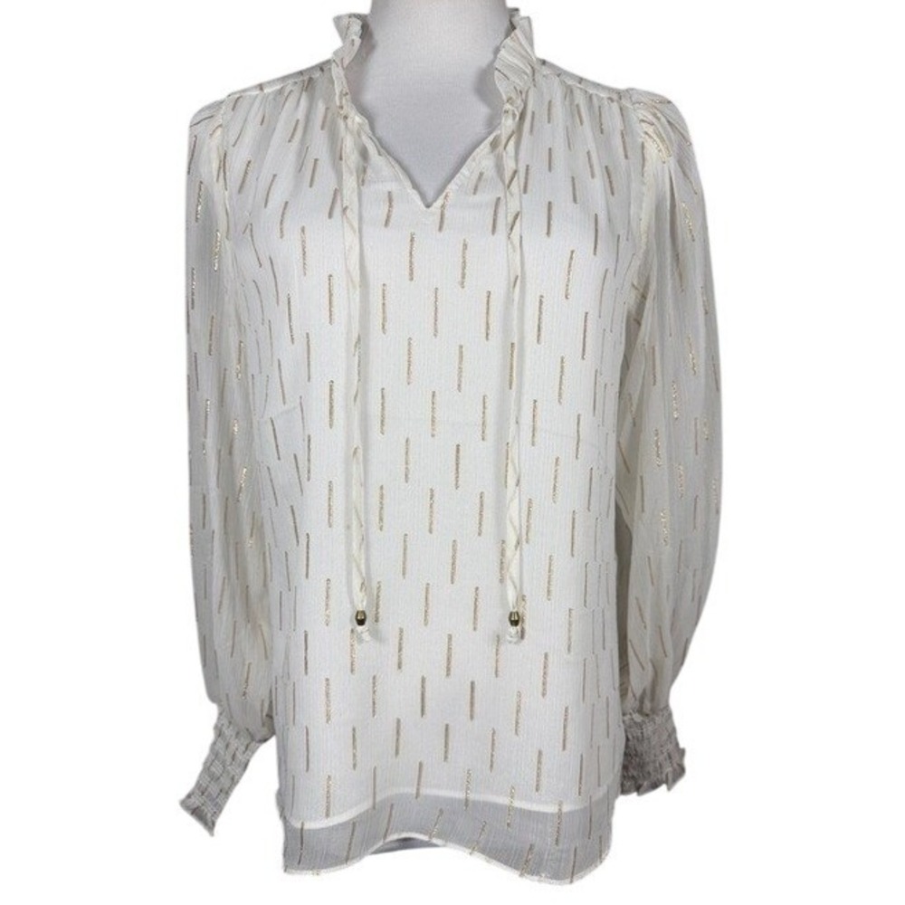 Maison d'Amélie Paris White Gold Metallic Pinstripe Ruffle Blouse Small 1250011